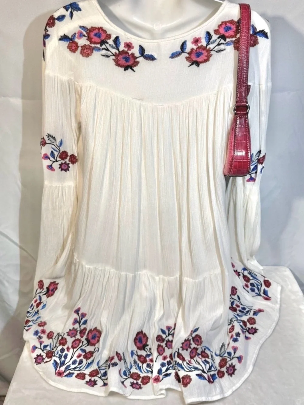 Free People Embroidered Boho Peasant Tunic Blouse Cream Floral XS
